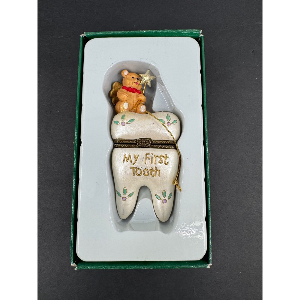 New Kurt S. Adler My First Tooth Trinket Box White Angel Bear Hinged Keepsake
